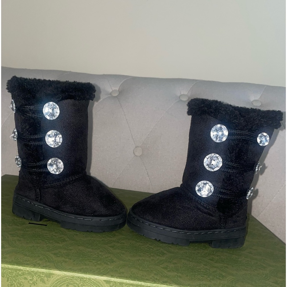 Bebe Black Winter Boots w/ Faux Fur & Rhinestones. Toddler/Little Girls Size 6
